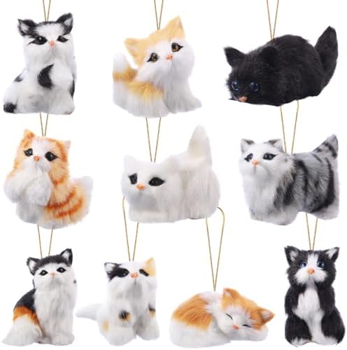 Skylety 10 Pieces Forest Animals Ornaments Woodland Animal Faux Fur Plush Hanging Ornaments Family Educational Playset for Fall, Winter Birthday Party Supplies(Cats)