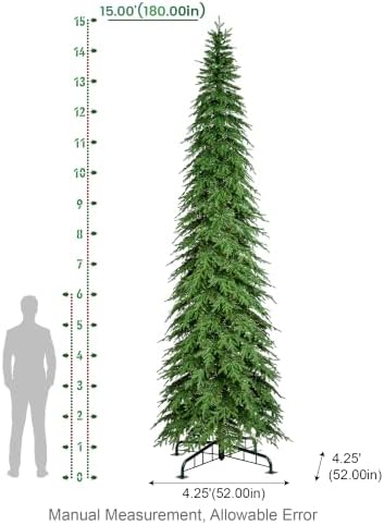 Glitzhome 15ft Prelit Artificial Christmas Tree, Slim Pencil Christmas Tree Chicago Evergreen Spruce with 1,500 Warm White & Multi-Color LED Lights, Hinged Xmas Tree Easy Setup for Holiday Decor