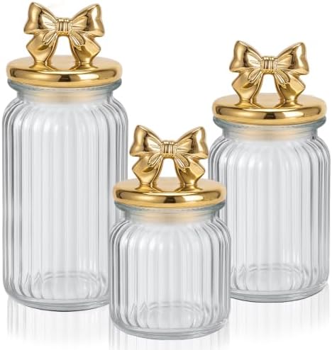 Mimorou 3 Set Gold Bow Candy Glass Jars with Ceramic Lids 44oz 33oz 22oz Summer Bow Cookie Jars Airtight Glass Food Storage Containers for Spring Summer Party Tea Cookie Snacks Sugar