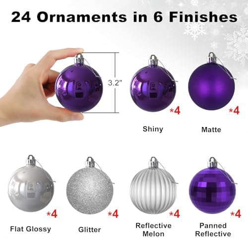 Purple & Silver 3.2" Large Christmas Balls - Christmas Tree Decoration Ornaments Shatterproof Hanging Balls for Birthday Halloween Holiday Wedding Decorations Set of 24pcs