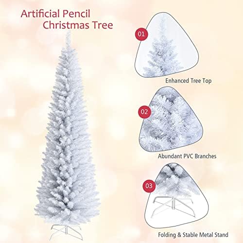 7FT White Pencil Christmas Tree, Artificial Christmas Tree w/Premium PVC Needles, Pine Tree w/Solid Metal Stand, Ideal for Home, Office, Shops, Holiday Decoration