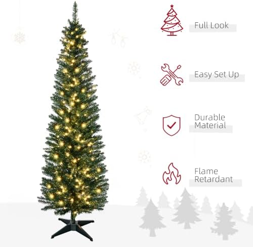 HOMCOM 7' Tall Pre-Lit Slim Noble Fir Artificial Pencil Christmas Tree with 200 Warm White LED Lights and 499 Tips, for Christmas Decoration, Green