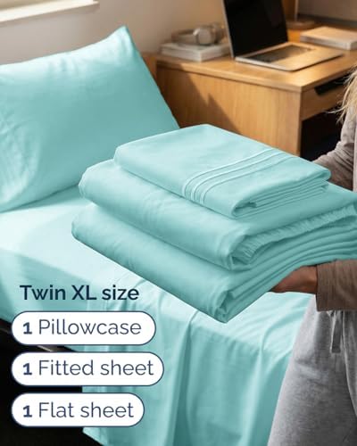 Twin XL Size 3 Piece Sheet Set - Breathable & Cooling Sheets - Spa Blue