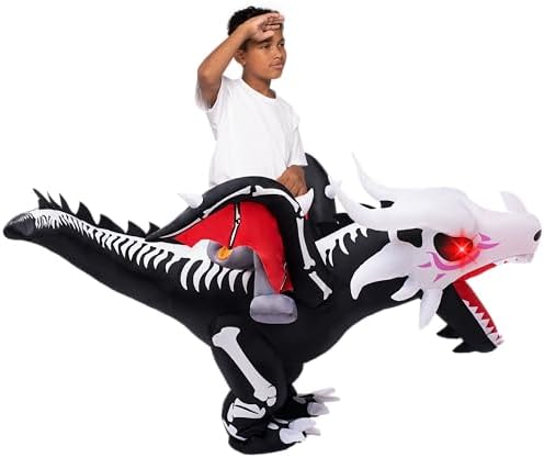 Spooktacular Creations Halloween Dragon Skeleton Inflatable Costume Kids, LED Light Eye Ride on Skeleton Dinosaur Blowup Suit