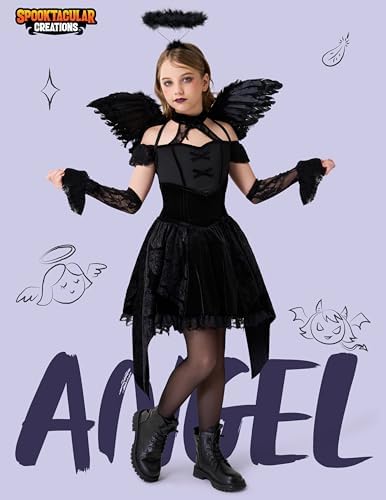 Spooktacular Creations Halloween Child Girl Black Angel Short Dress Costume, Kids Fallen Angel Outfit for Role Play Parties