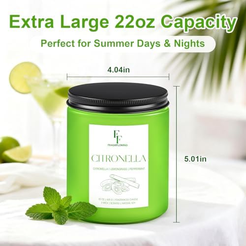 Citronella Large Scented Candle Outdoor Indoor, 3-Wick 22oz Long Lasting Scented Candle, Natural Soy Wax Aromatherapy Candle for Backyard Patio Garden Camping