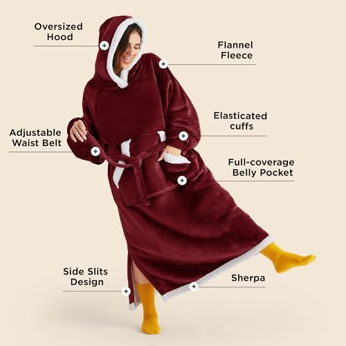 Bedsure Wearable Blanket Hoodie, Cozy Long Hooded Blanket Sweatshirt as Mothers Day Hoodie Gifts for Mom Women, Small, Burgundy