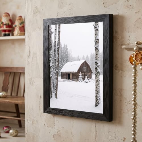 Framed Barn Canvas Wall Art, Winter Landscape, Black Frame Inch 8x10