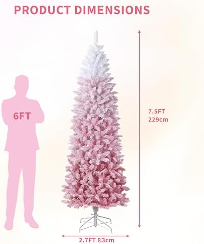 GarveeHome 7.5 ft Prelit Artificial Christmas Tree with RGB & Warm White Lights, Pre-Lit Snow Flocked Pencil Christmas Tree, Foldable Base,Holiday Decoration for Home, Office, Party,Pink Gradient