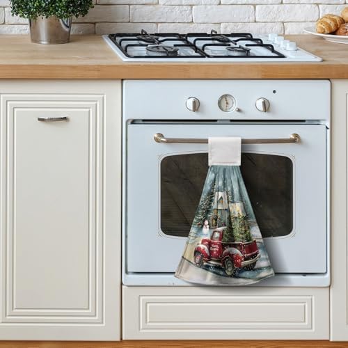 Christmas Red Truck Hanging Hand Towels Set of 2 Xmas Tree Snowman Farmhouse Kitchen Towels with Hanging Loop Winter Holiday Dish Tie Towel Soft Absorbent Guest Fingertip Bath Towel for Bathroom