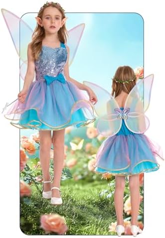 JoyRapt Fairy Costume Dress for Girls 3-10, Fairy Princess Pink Tutu Outfits Butterfly Wings Wand Headband Halloween Gifts