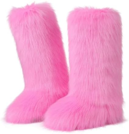 CELNEPHO Faux Fur Boots Knee High Furry Boots Fuzzy Winter Snow Shoes Flats