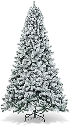 COSTWAY 9 FT Flocked Christmas Tree, Unlit Hinged Xmas Tree with 1498 Snowy Branch Tips & Metal Stand, Artificial Christmas Tree for Home Office Party Decoration, Green & White