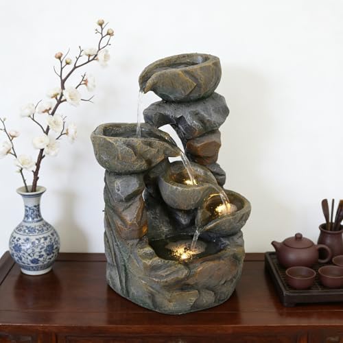 15.7" Resin Outdoor Stone Bowl Water Fountain with LED Lights