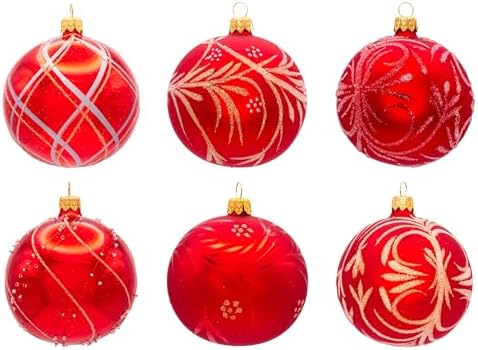 Luxury Handcrafted European Glass Christmas Ball Ornaments - Set of 6 - Red & Gold - 8 cm - Mouth-Blown & Hand-Painted