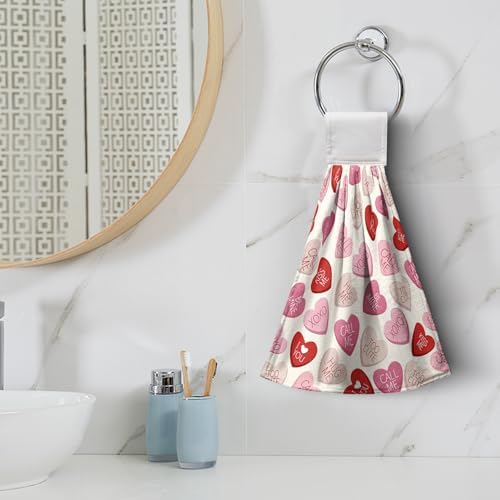 Valentines Day Kitchen Hanging Towels Red Pink Heart True Love Hand Towel with Hanging Loops Valentine Holiday Wedding Dish Washcloths Soft Absorbent Fingertip Dish Tea Bar Tie Towel Set of 2
