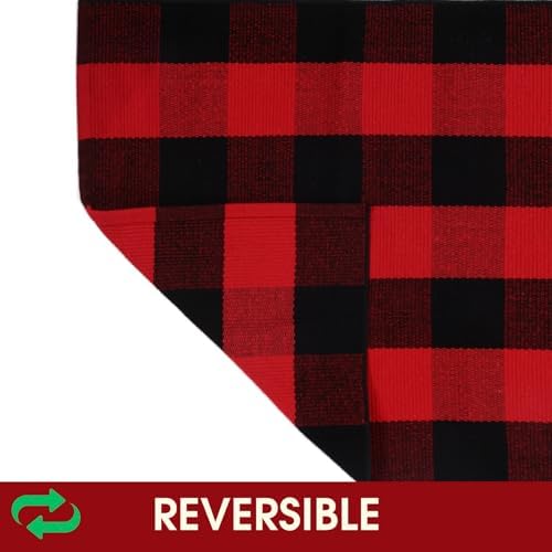 Christmas Red and Black Plaid Rug, 24 x 51 Inches Cotton Hand-Woven Layered Door Mat for Front Porch, Entryway, Outdoor Holiday Decor, Washable Buffalo Check Rug for Home, Patio, Kitchen