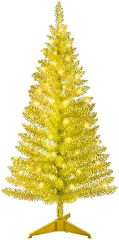 4ft Lighted Artificial Gold Christmas Tree, Not Pre-lit Gold Tinsel Pine Trees with Lights, Ideal for Ideal for Home, Office, and Xmas Party Décor - Includes Stand