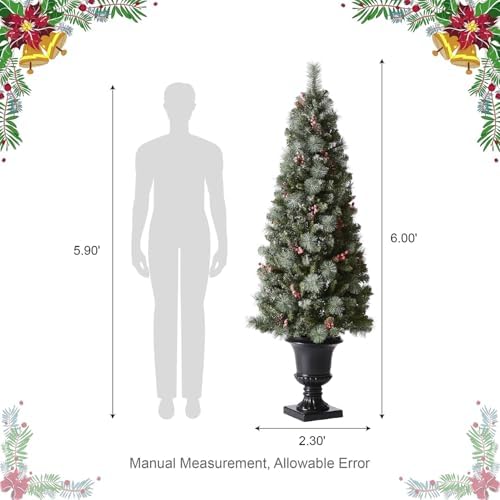 Glitzhome Artificial Christmas Tree, 6 FT Pre-Lit Frosted Pine Cones and Red Berries Christmas Porch Tree with 200 Warm White Lights for Indoor Porch of Home and Office