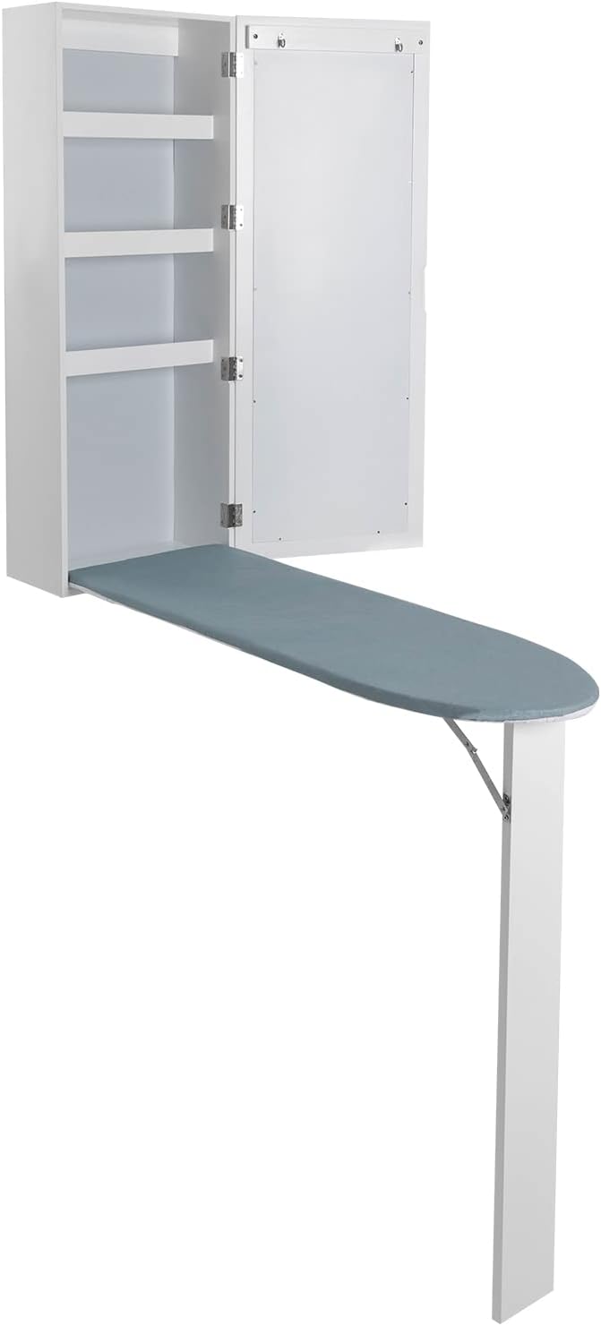 Wall Ironing Board Cabinet Built-in 35" L Ironing Board Fold Down Ironing Board Cabinet with Storage Cabinet, Mirrors, Support Table for Home Apartment, White 14" L x 6.9" W x 37.4" H