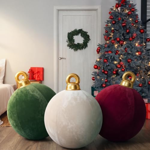 3 Pcs 32 Inch Velvet Christmas Inflatable Balls, Burgundy, Green, Beige