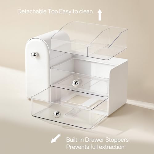 HBlife Makeup Organizer Countertop with Drawers, Vanity Organizers with Brush Holder, Bathroom Counter Organizer for Perfume, Nail Polishes, Lipsticks, Skincare and Eyeshadow Palettes, White Sliver