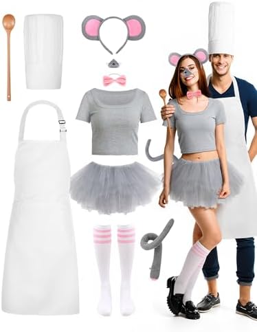 Hillban 10 Pcs Halloween Mouse Chef Couple Costume Accessories Tutu Skirt Chef Hat Apron for Halloween Cosplay Party