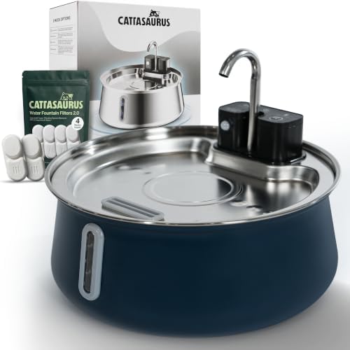 Cattasaurus Wireless 304 Stainless Steel Cat Water Fountain with Filtration, Automatic Water Dispenser for Cats, 135oz Large Capacity, Dishwasher Safe (Blue, Fountain + 6 Filters (6-Week Supply))