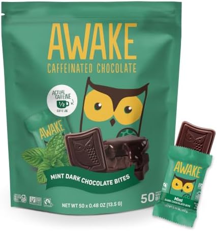 AWAKE - Caffeinated Chocolate Bites - Mint Dark Chocolate, 50 pieces - 50mg Caffeine - Individually Wrapped Energy Bites - Coffee Alternative - Fairtrade, Gluten Free, Non GMO - 0.48oz