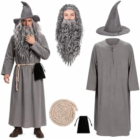 Gray Wizard Costume Men - 6Pcs Medieval Warlock Sorcerer Robe Set for Halloween
