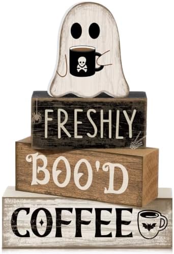 Moucuny 4 Pcs Halloween Coffee Table Decorations Ghost Stacked Wooden Decor