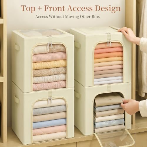 GoMaihe Blanket Storage Bins with Metal Frame for Closet, 55L 6-Pack Beige