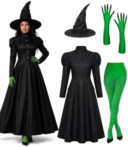 Witch Costume for Women Halloween Adult Black Witch Dress Set with Hat Green Gloves Tights for Costume Party Cosplay