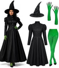 Witch Costume for Women Halloween Adult Black Witch Dress Set with Hat Green Gloves Tights for Costume Party Cosplay