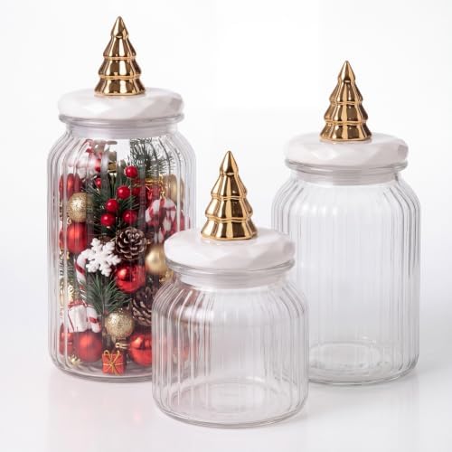 Mimorou 3 Set Christmas Glass Jars with Lids 44oz 33oz 22oz Ceramic Christmas Tree Candy Jars Airtight Xmas Glass Food Storage Containers for Xmas Party Tea Cookie Snacks Sugar
