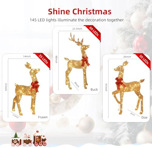 3-Piece 2D Lighted Christmas Deer Family Set - HOYECHI Large Outdoor Yard Reindeer Holiday Decoration with 145 LED Lights, Stakes, Zip Ties - Gold