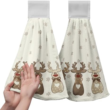 2 Pcs Christmas Reindeer Snowflakes Kitchen Towels with Hanging Loops Xmas Brown Elk Deer Hand Tie Towel Fast Drying Dish Cloth Soft Absorbent Hand Towel for Bathroom Kitchen