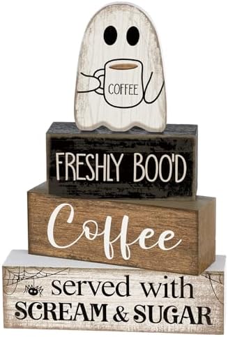 Lineshading 4 Pcs Halloween Coffee Table Decor Wooden Ghost Coffee Bar Sign
