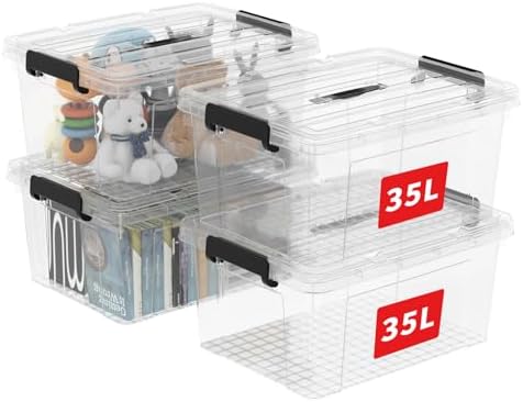 Cetomo Lidded Storage Bin with Handle, Storage Bins with Lid, Organizing Container with Secure Latching Buckles, Stackable and Nestable, Plastic, 40 Quart-4 Pack, Clear