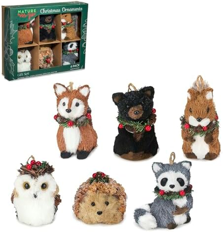 naturevibe Sisal Woodland Animals Christmas Tree Ornaments 6 Pcs Gift Pack