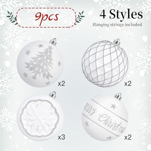 SHareconn 100MM/4 Inch 9PCS Large Christmas Balls Ornaments, White & Silver