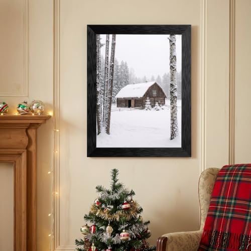 Framed Barn Canvas Wall Art, Winter Landscape, Black Frame Inch 12x16