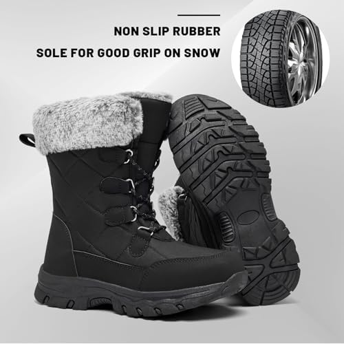Women's Snow Boots Winter Water-Resistant Faux Fur Lined Warm Outdoor Lace Up Mid-Calf Booties Deep Tread Rubber Sole