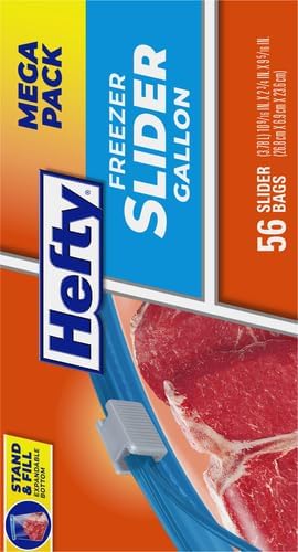 Hefty Slider 1 Gallon Freezer Bags, Gallon Slider Bags for Freezer, Holds Raw Meat, Soups, Prepped Fruits and Veggies, and More, Writable Label, Secure Zip_and Click Closure 56 Count (Pack of 4)