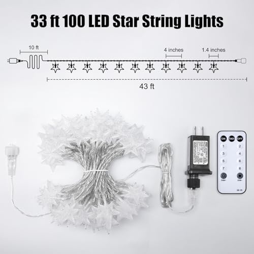 Star String Lights Plug in - 33 ft 100 LED Star Fairy String Lights with Remote and Timer, 8 Modes Waterproof for Bedroom Tent Loft Bed Window Backyard Patio Porch Balcony Staircase Party, White