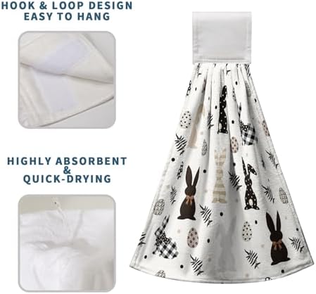 Easter Kitchen Hanging Towels Black and White Bunny Easter Hand Towel with Hanging Loops Spring Rabbit Eggs Holiday Dish Tie Towel Soft Absorbent Fingertip Bath Towel for Bathroom
