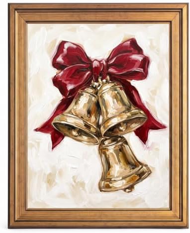 Framed Canvas Wall Art Expressive Painterly Vintage Gold Bells Red Satin Bow and Impasto Textures Canvas Print Poster Gold Frame Wall Decor for Living Room Holiday Decor, Christmas Gift - Inch 16x20