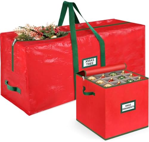 StorageRight Christmas Tree Bag & Ornament Storage Box 2Pcs Set, Waterproof 9 Ft Tree Storage & 64-Compartment Organizer with Dividers, Tag Pockets & Handles, Heavy-Duty Xmas Decor Containers, Red