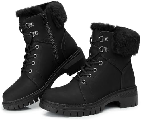 TEMOFON Ankle Boots for Women Winter: Comfortable Lace-up Combat Boot Warm
