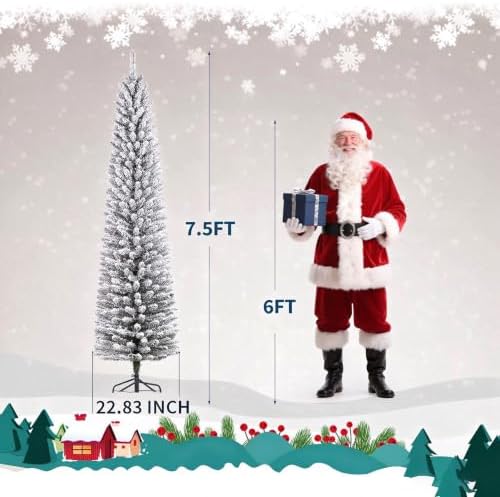 7.5Ft Pre-Lit Snow Flocked Pencil Christmas Tree, Fir Hinged Slim Skinny Corner Xmas Tree with 155 Incandescent Warm White Lights & Snow Branch Tips, White